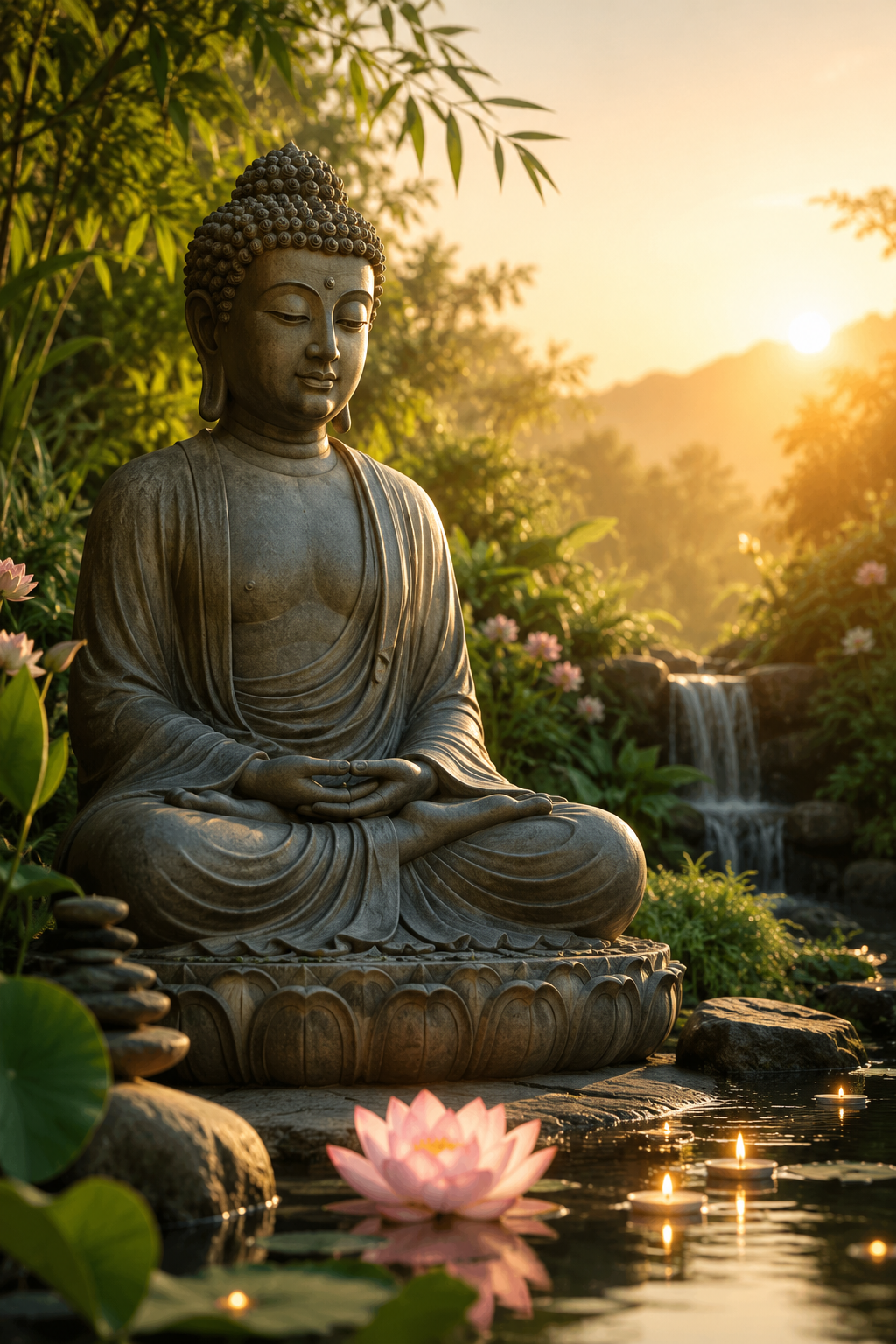 Statue de Bouddha en méditation dans un environnement naturel apaisant